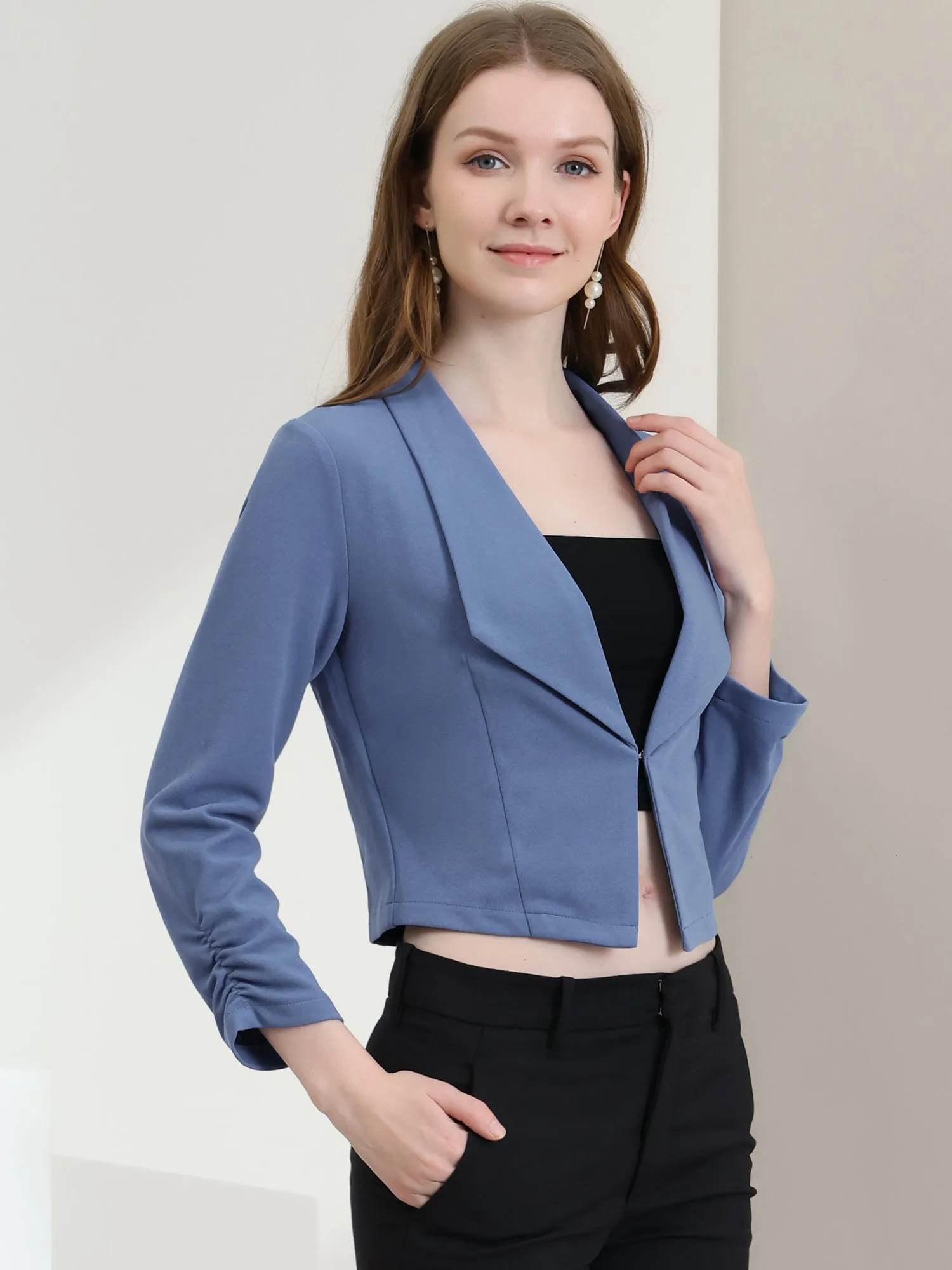 Ruched Sleeve Notched Lapel Business Cropped Blazer Jacket sold by Allegra K product image thumbnail 2