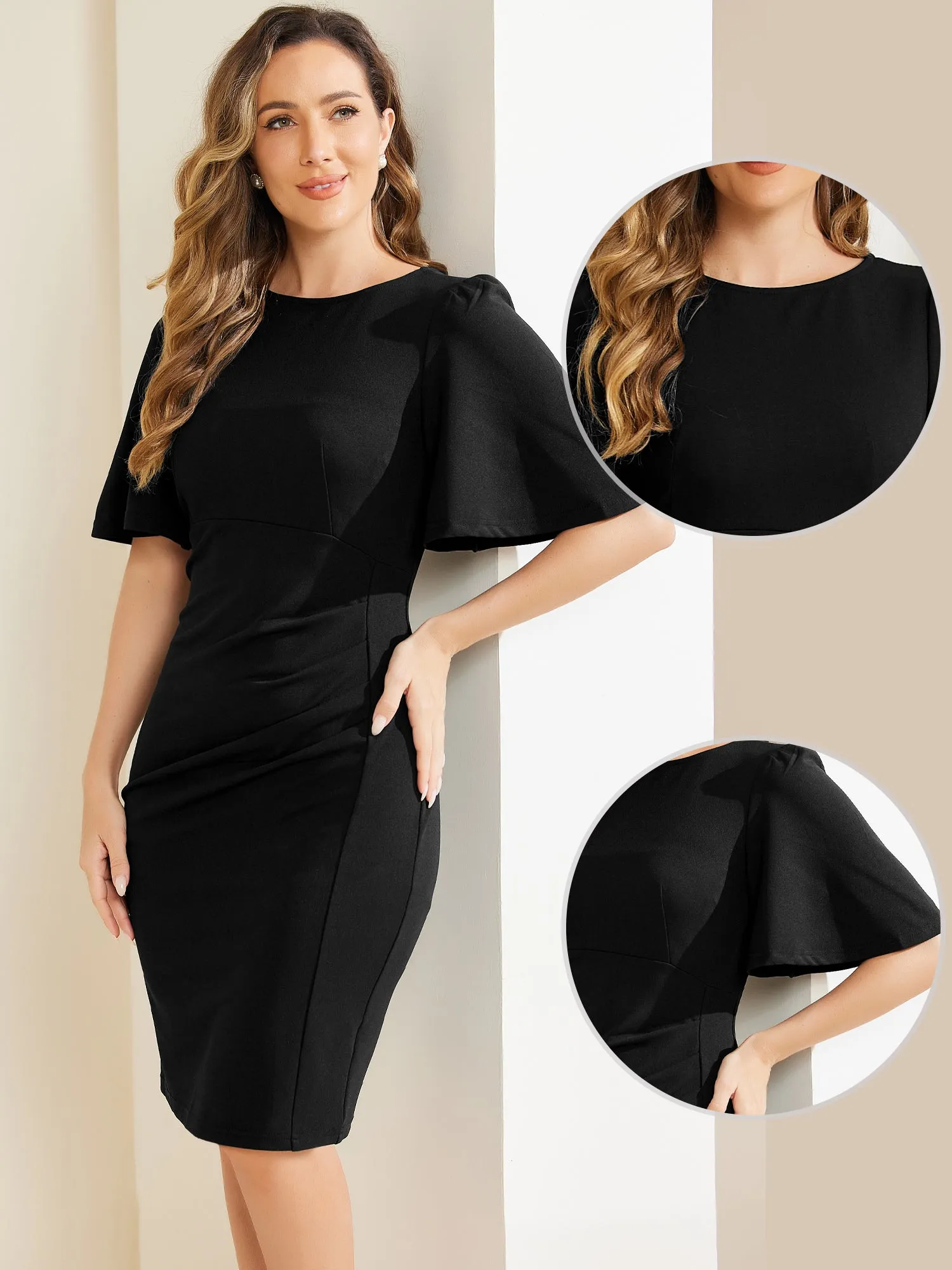 Elegant Sheath Dress Round Neck Ruched Short Flared Sleeve Pencil Dress sold by Allegra K product image thumbnail 5