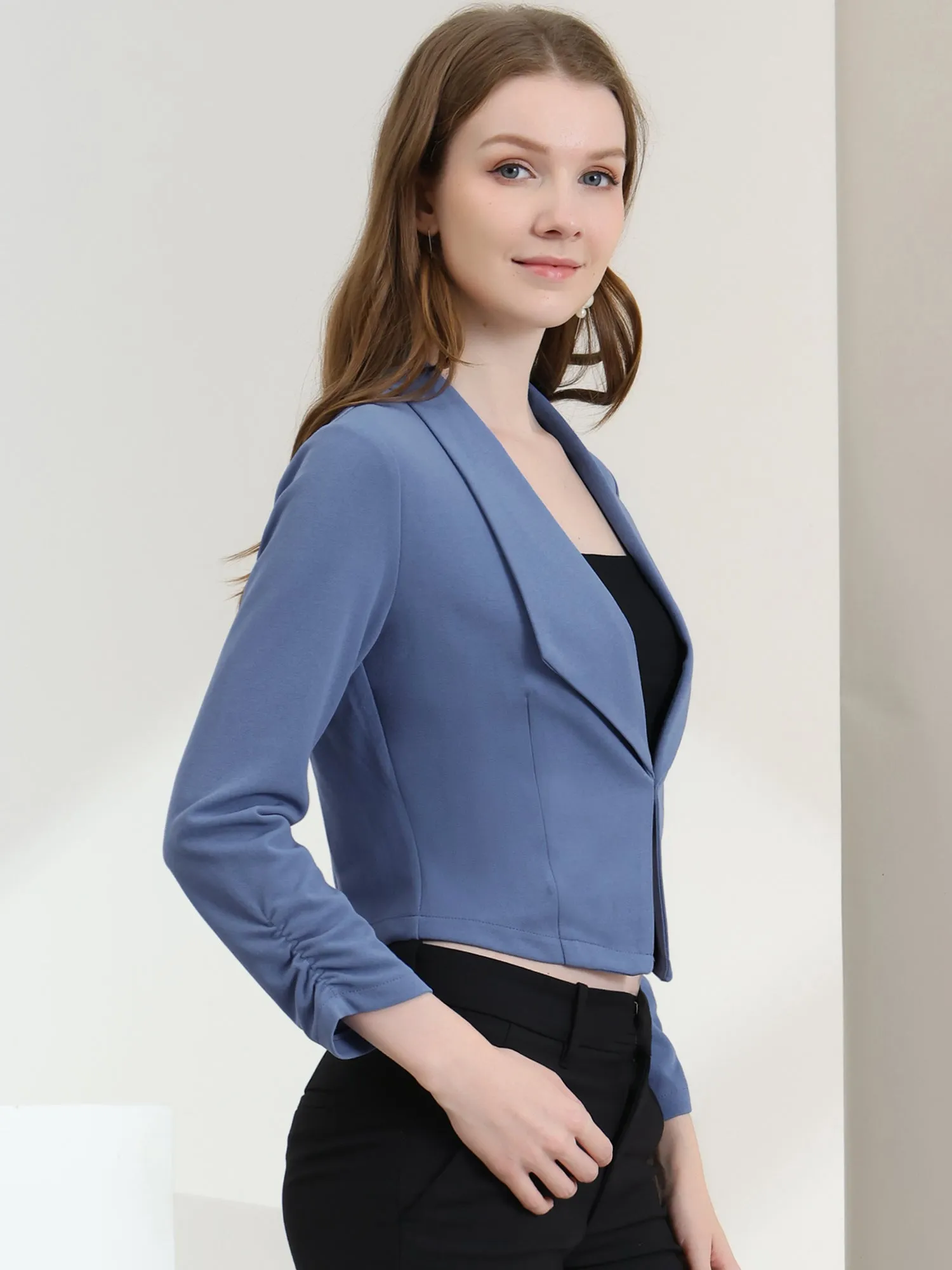 Ruched Sleeve Notched Lapel Business Cropped Blazer Jacket sold by Allegra K product image thumbnail 3
