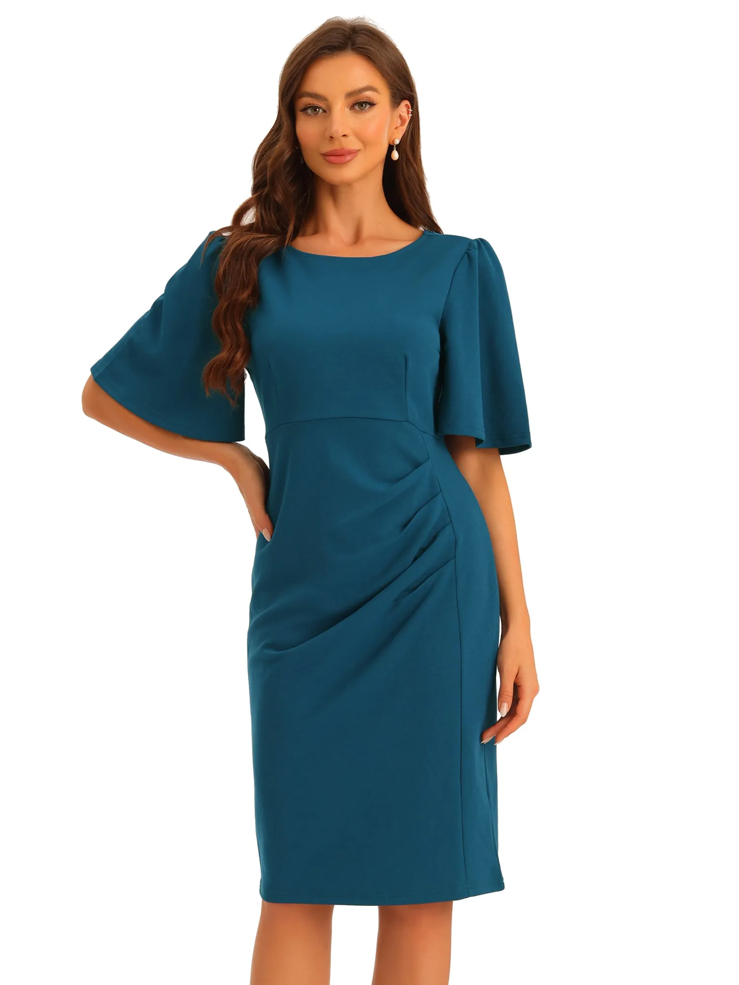 Elegant Sheath Dress Round Neck Ruched Short Flared Sleeve Pencil Dress sold by Allegra K product image thumbnail 4
