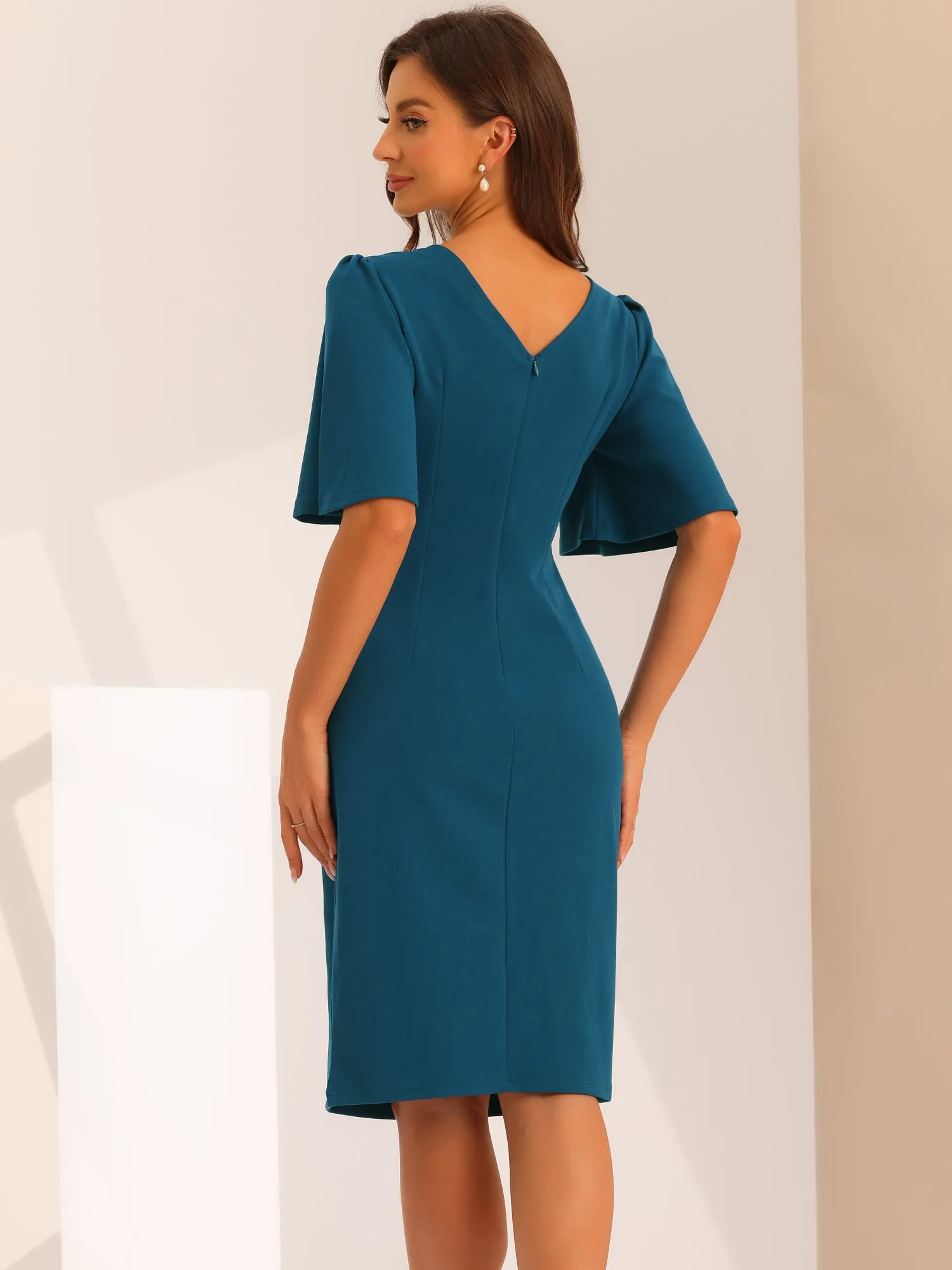 Elegant Sheath Dress Round Neck Ruched Short Flared Sleeve Pencil Dress sold by Allegra K product image thumbnail 3