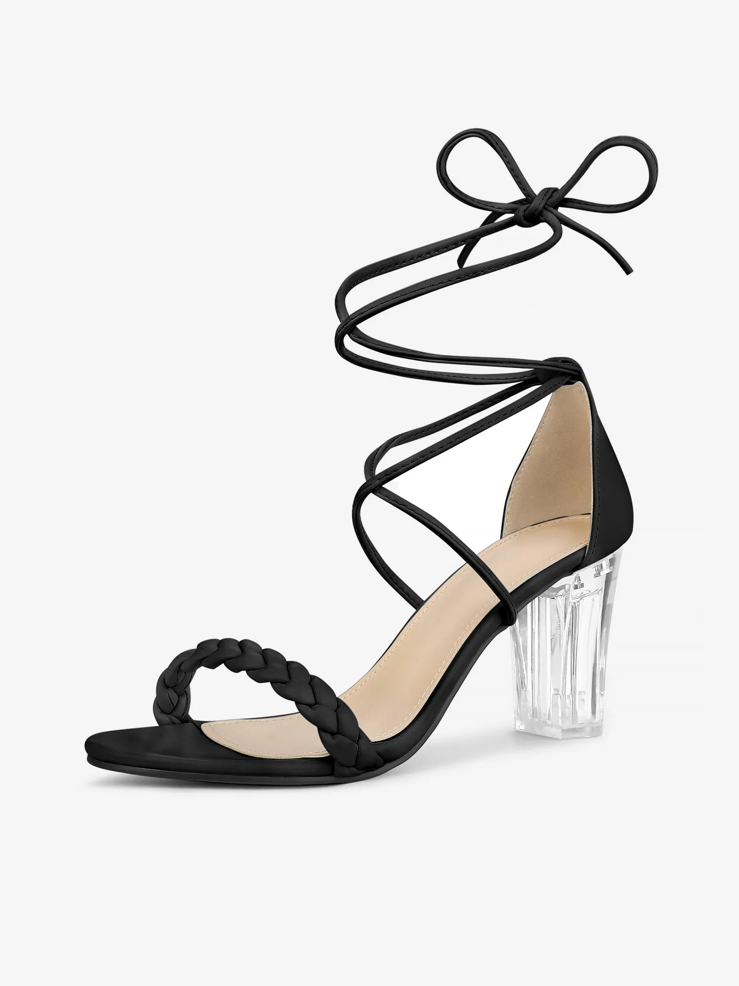 Woven Lace Up Braided Clear Block Heel Sandals sold by Allegra K