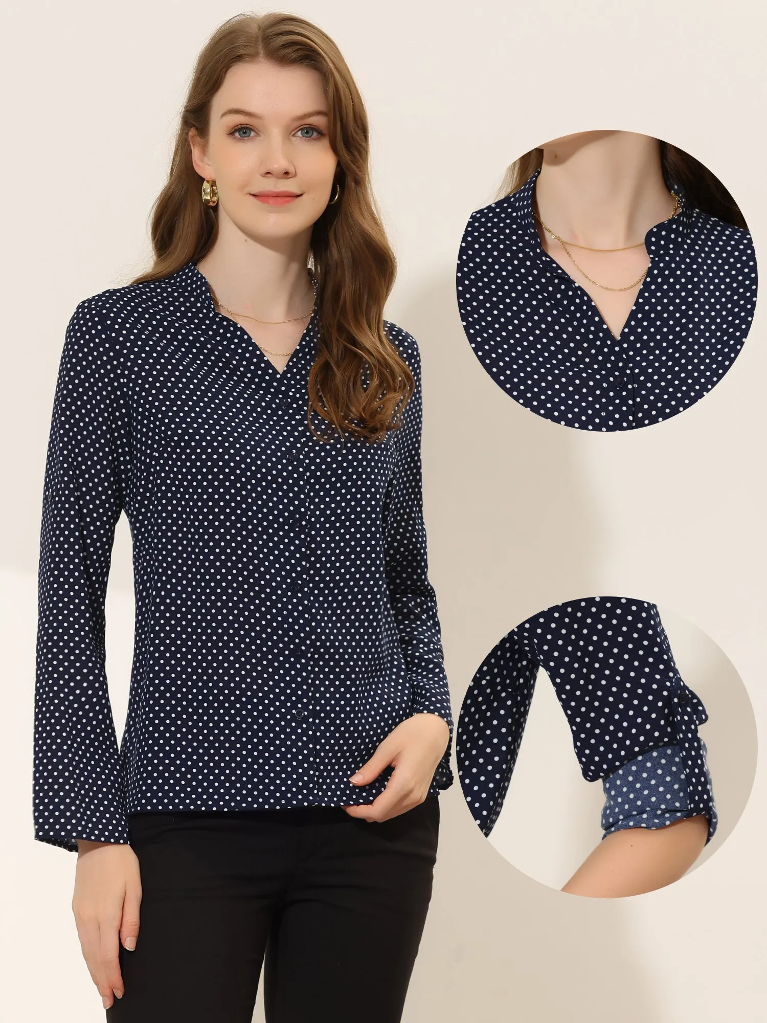 Office Work Blouse Polka Dots V Neck Long Sleeve Shirt sold by Allegra K product image thumbnail 2