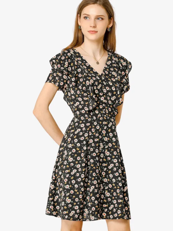 Floral Print A-Line V Neck Ruffle Dress sold by Allegra K