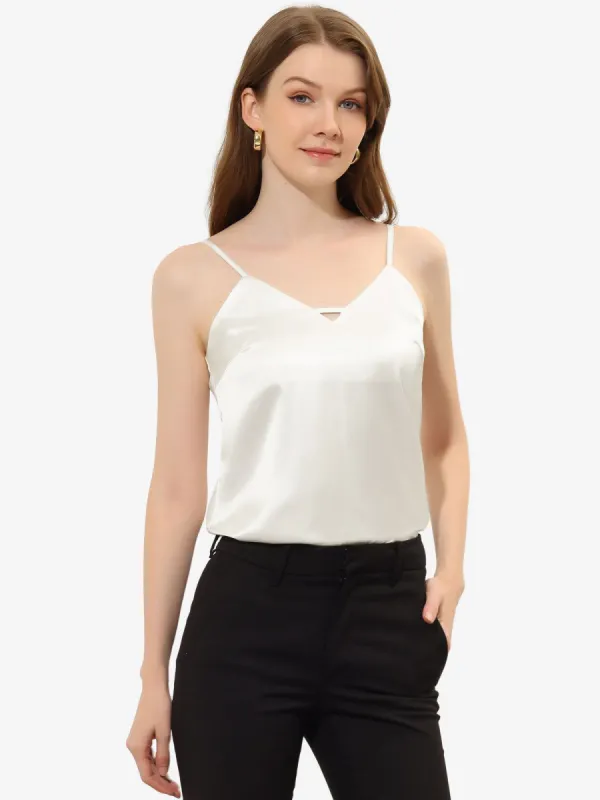 Satin Camisole V Neck Sleeveless Spaghetti Strap Cami Tank Top sold by Allegra K