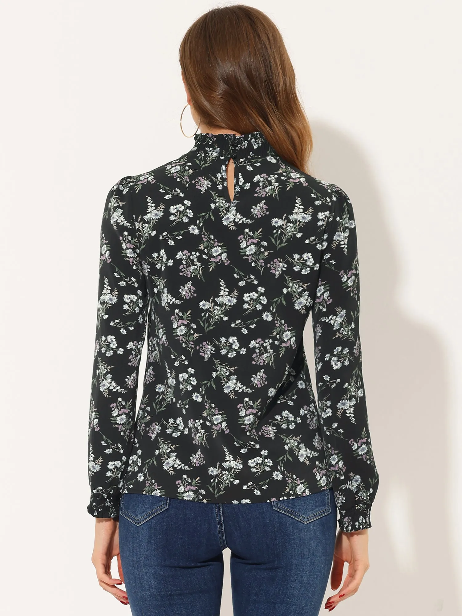 Mock Neck Floral Shirt Work Office Button Back Chiffon Blouse sold by Allegra K product image thumbnail 3
