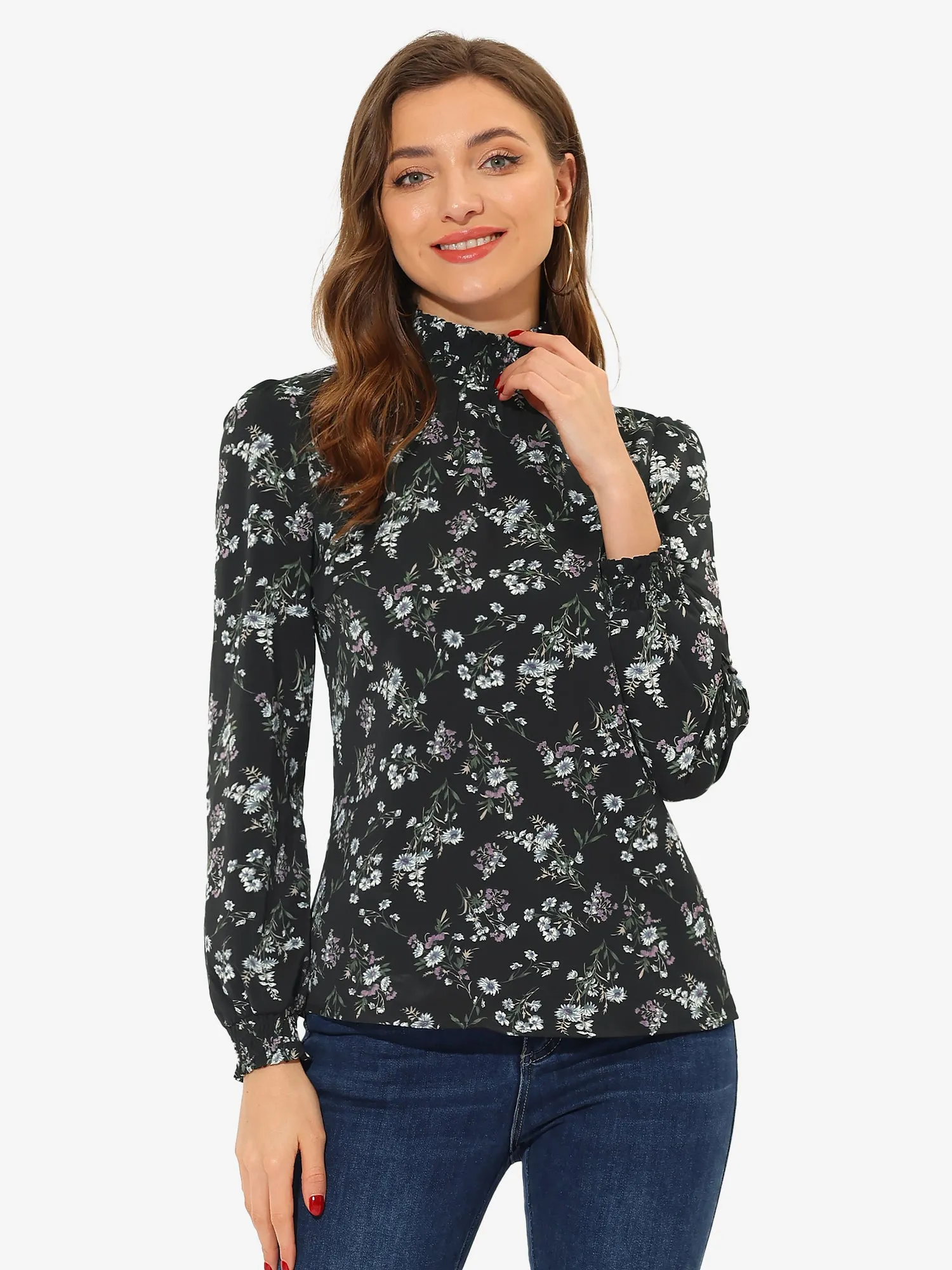 Mock Neck Floral Shirt Work Office Button Back Chiffon Blouse sold by Allegra K