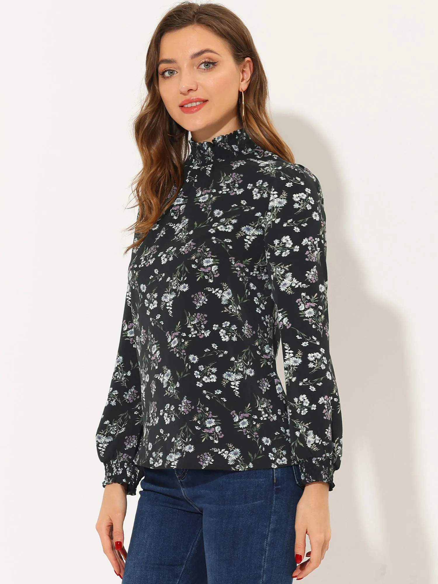 Mock Neck Floral Shirt Work Office Button Back Chiffon Blouse sold by Allegra K product image thumbnail 5