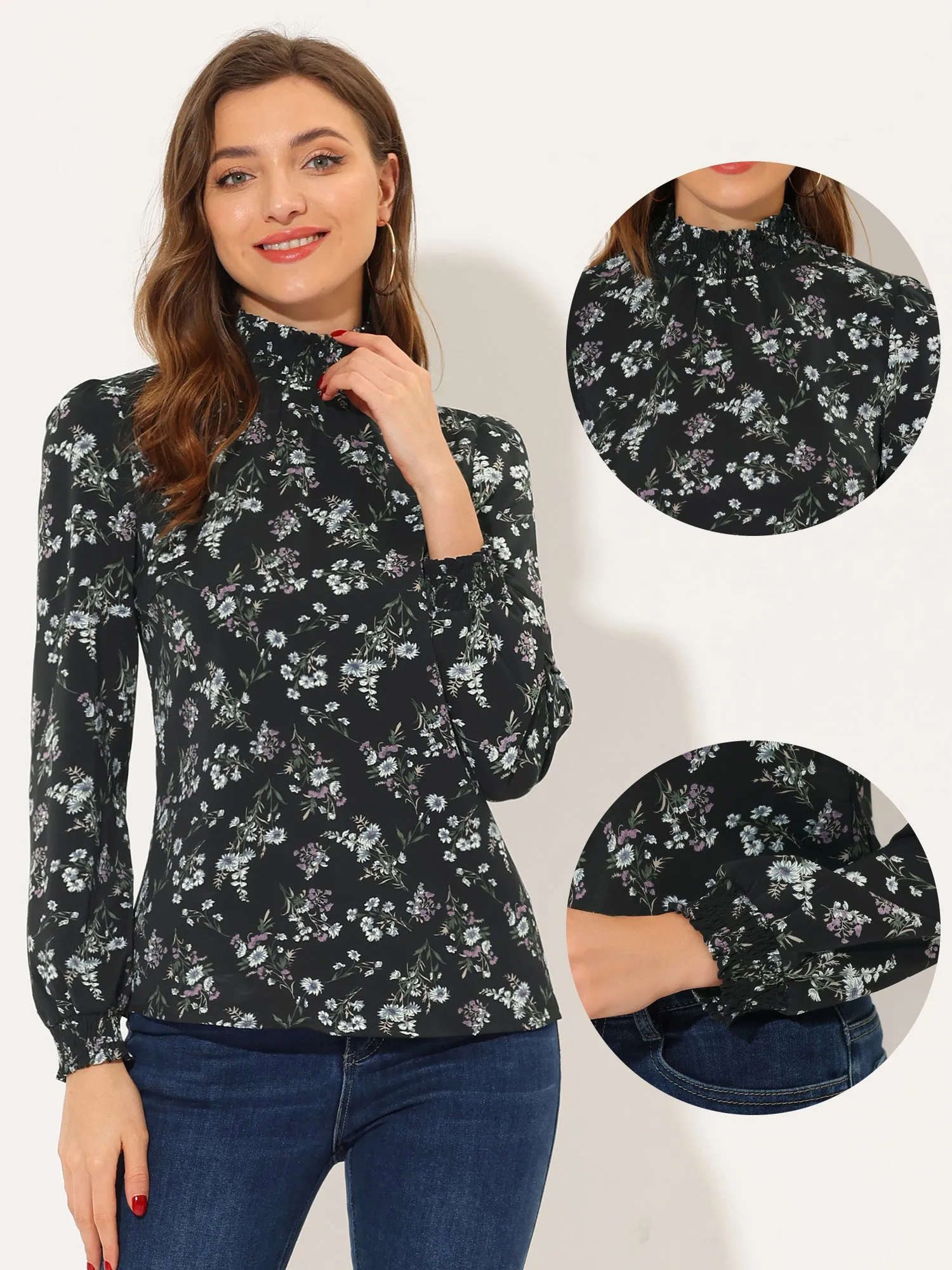Mock Neck Floral Shirt Work Office Button Back Chiffon Blouse sold by Allegra K product image thumbnail 2