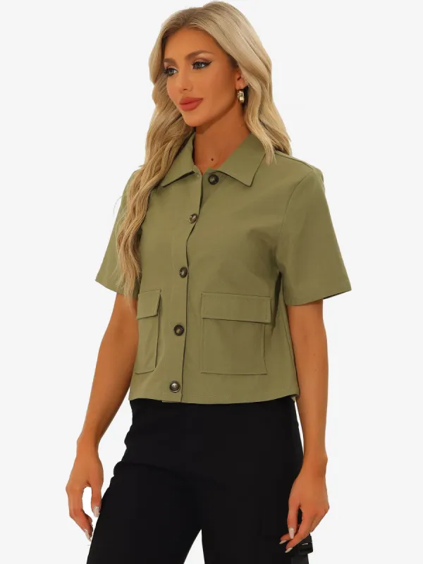 Casual Linen Turndown Collar Short Sleeve Lightweight Button Down Jacket sold by Allegra K