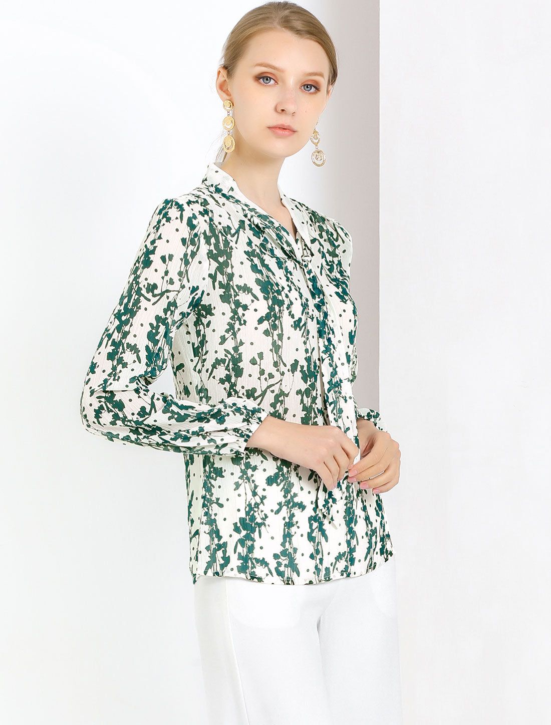 Tie Neck Floral Blouse Long Sleeve Elegant Work Office Top Shirt sold by Allegra K product image thumbnail 3