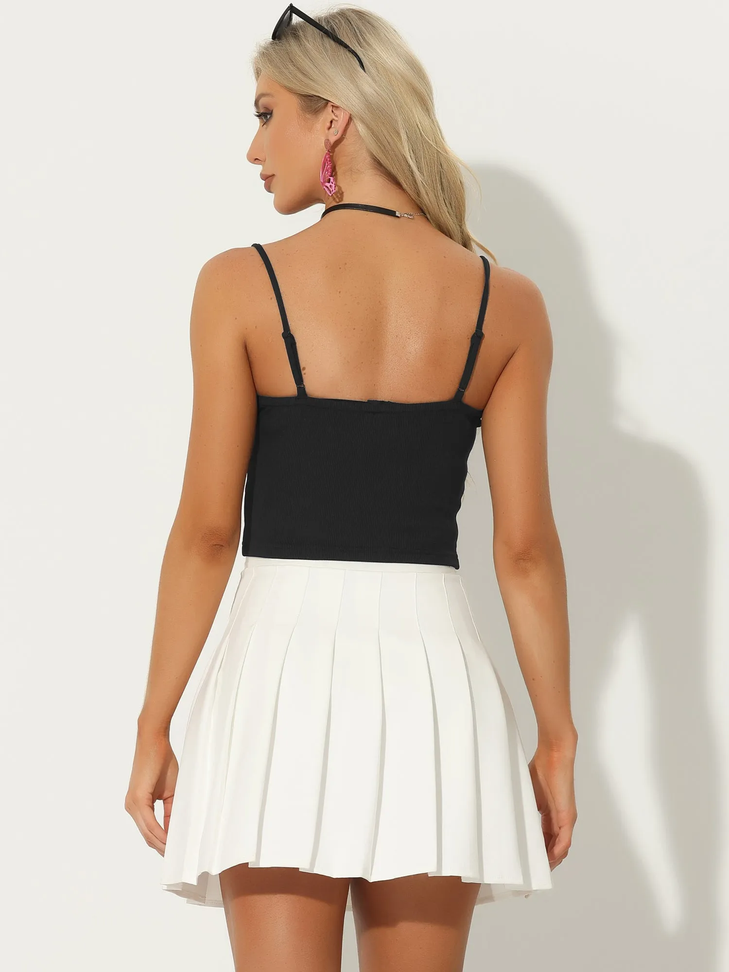 Crochet Lace Spaghetti Strap Y2k Knit Crop Cami Top sold by Allegra K product image thumbnail 3