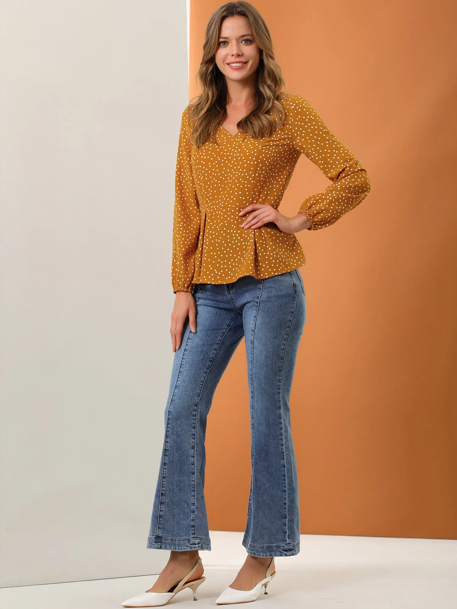 Dots Retro V Neck Long Sleeve Work Peplum Blouse Top sold by Allegra K product image thumbnail 3