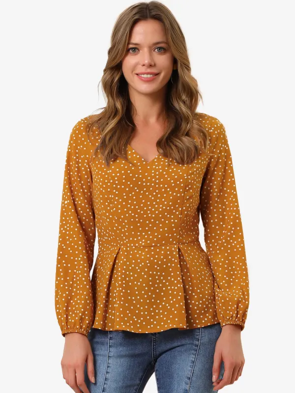 Dots Retro V Neck Long Sleeve Work Peplum Blouse Top sold by Allegra K