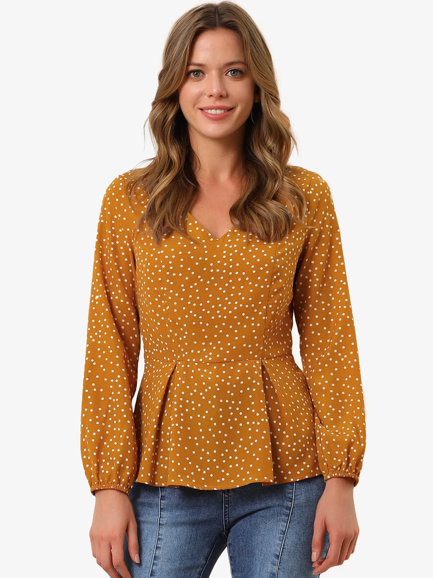 Dots Retro V Neck Long Sleeve Work Peplum Blouse Top sold by Allegra K