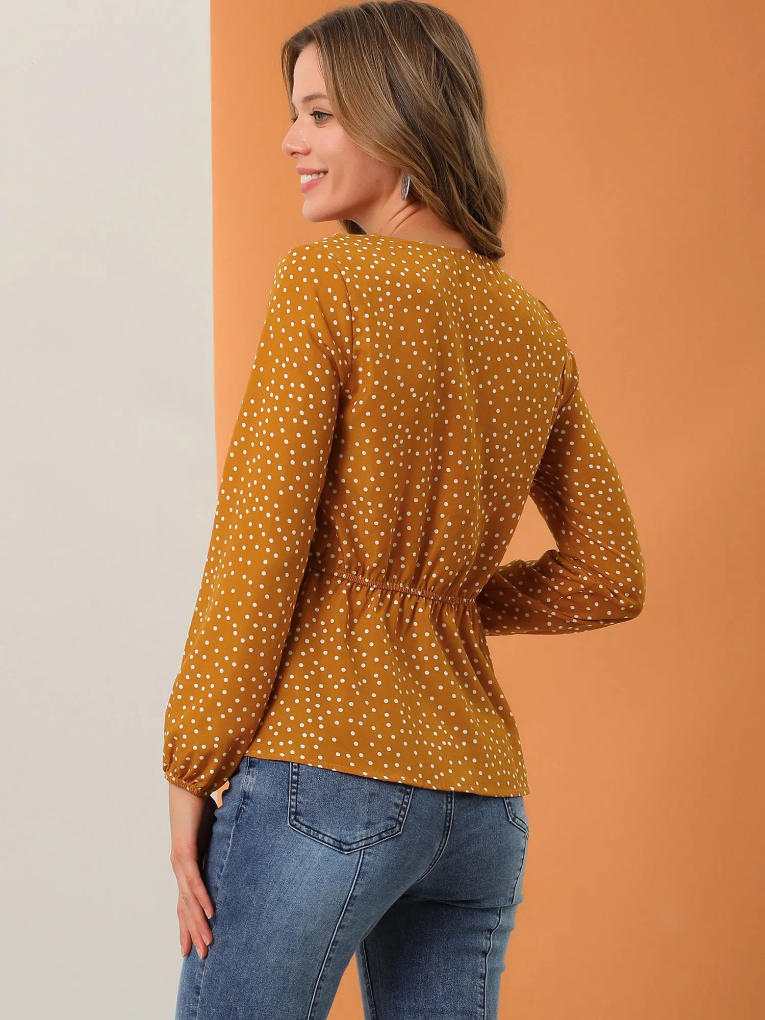 Dots Retro V Neck Long Sleeve Work Peplum Blouse Top sold by Allegra K product image thumbnail 5