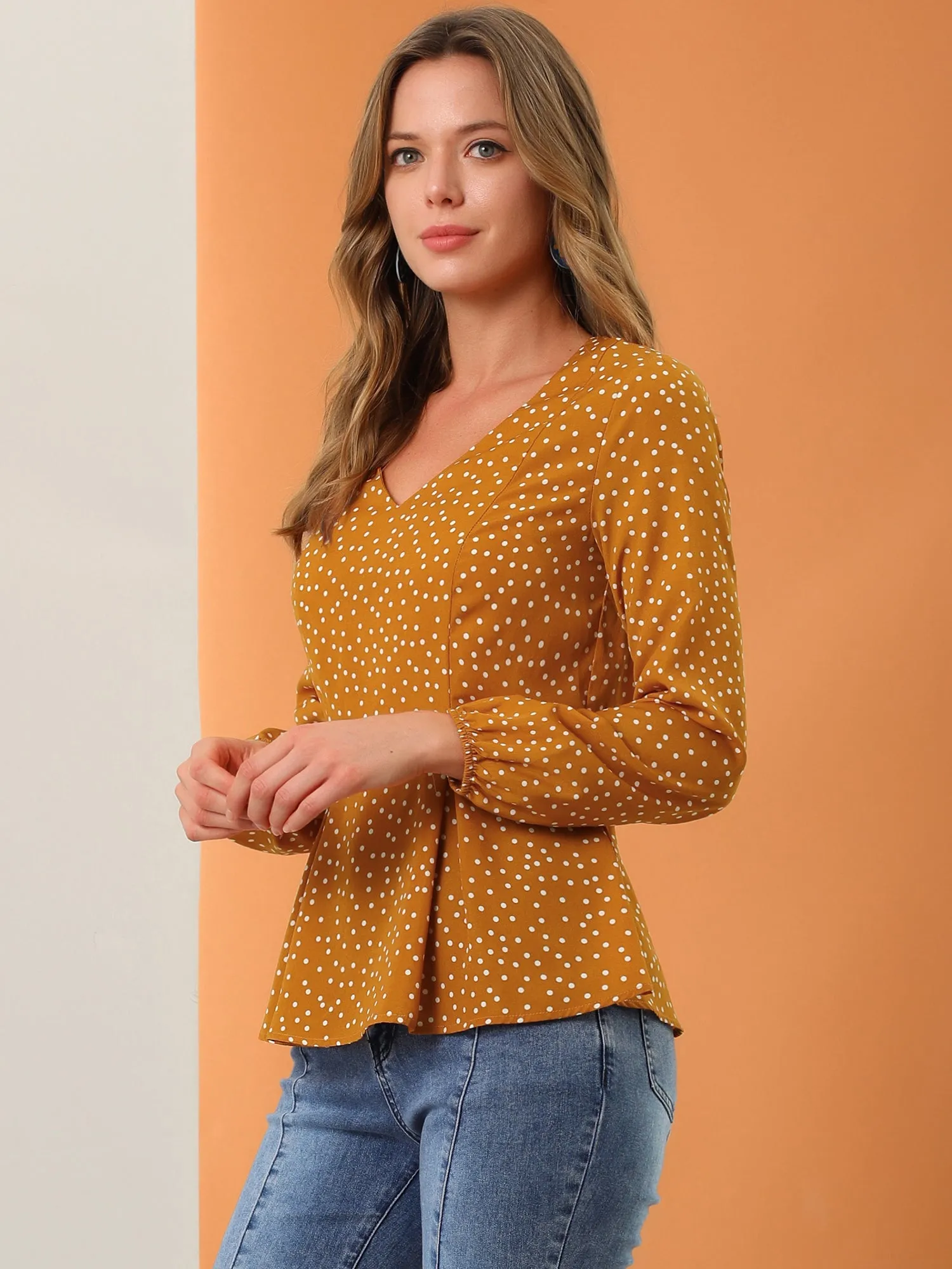 Dots Retro V Neck Long Sleeve Work Peplum Blouse Top sold by Allegra K product image thumbnail 4