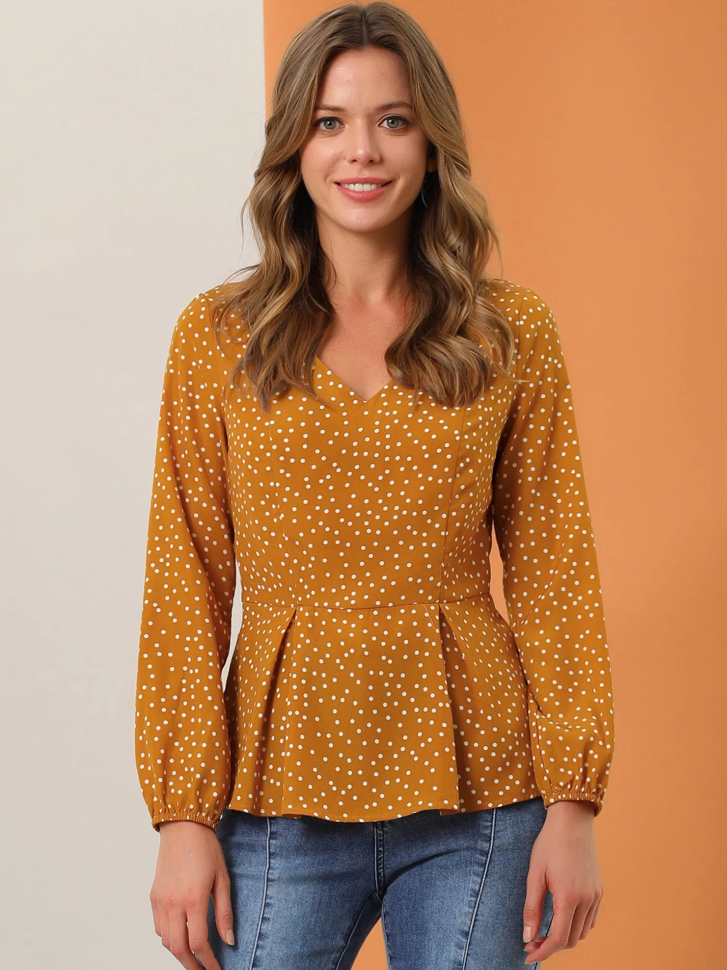 Dots Retro V Neck Long Sleeve Work Peplum Blouse Top sold by Allegra K product image thumbnail 2