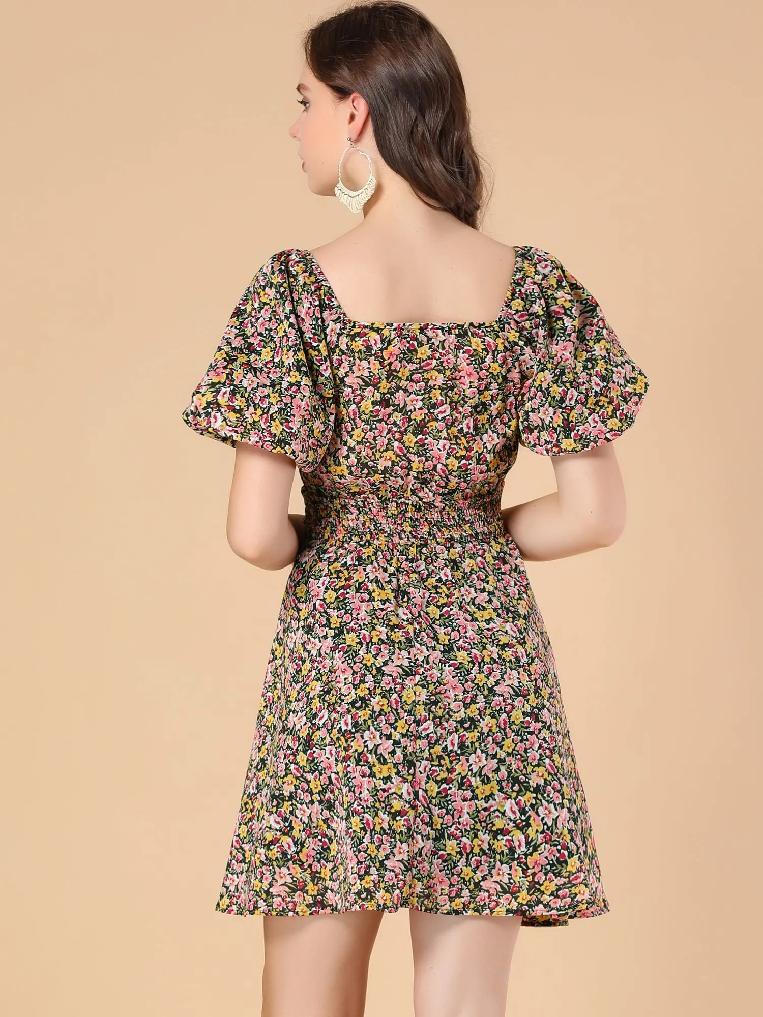 Floral Print Square Neck A-Line Smocked Waist Puff Sleeve Dress sold by Allegra K product image thumbnail 4