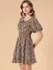 Floral Print Square Neck A-Line Smocked Waist Puff Sleeve Dress sold by Allegra K