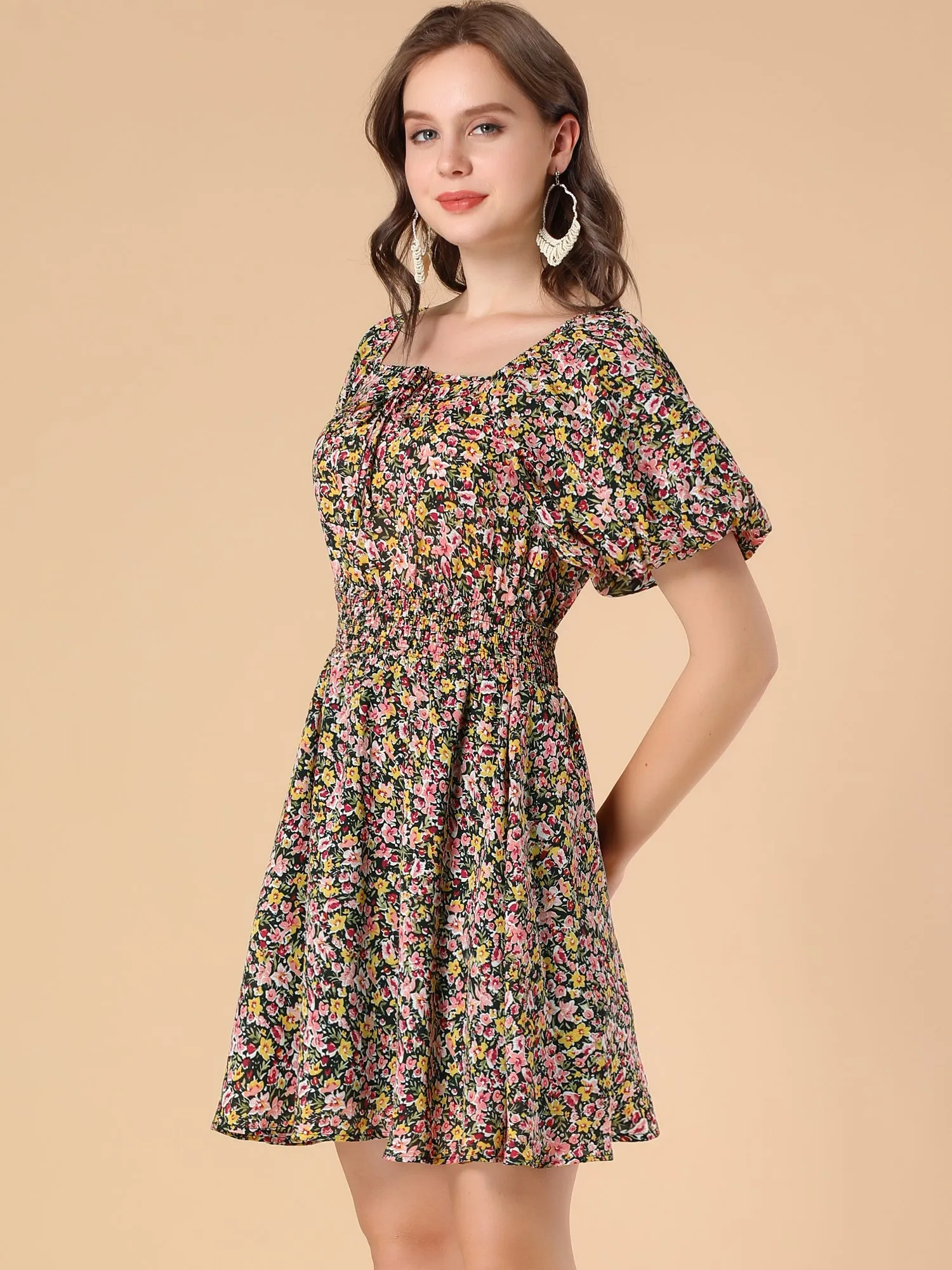Floral Print Square Neck A-Line Smocked Waist Puff Sleeve Dress sold by Allegra K product image thumbnail 3