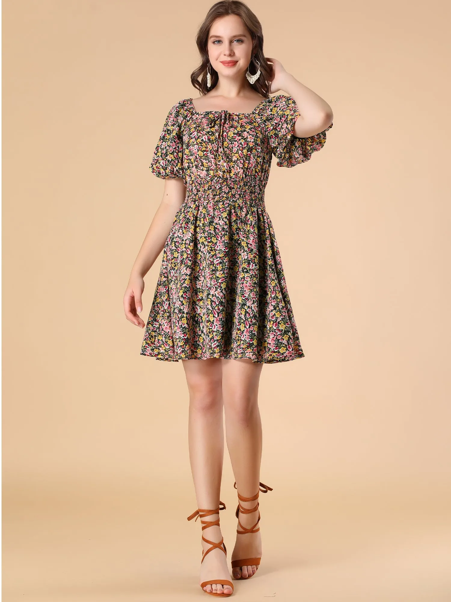 Floral Print Square Neck A-Line Smocked Waist Puff Sleeve Dress sold by Allegra K product image thumbnail 2