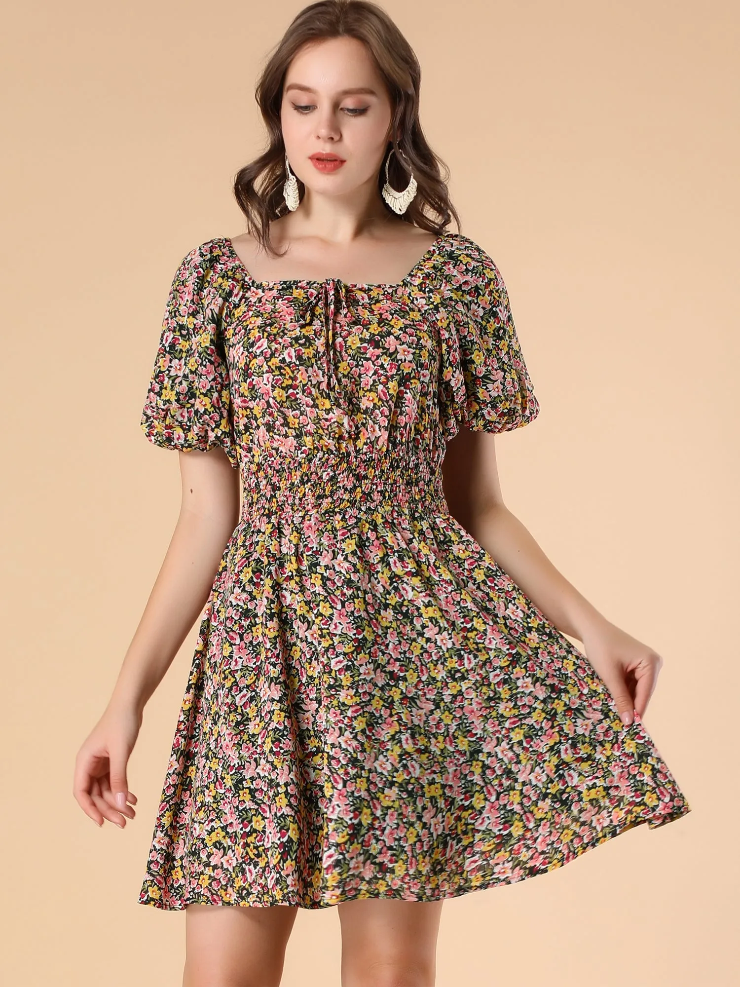 Floral Print Square Neck A-Line Smocked Waist Puff Sleeve Dress sold by Allegra K