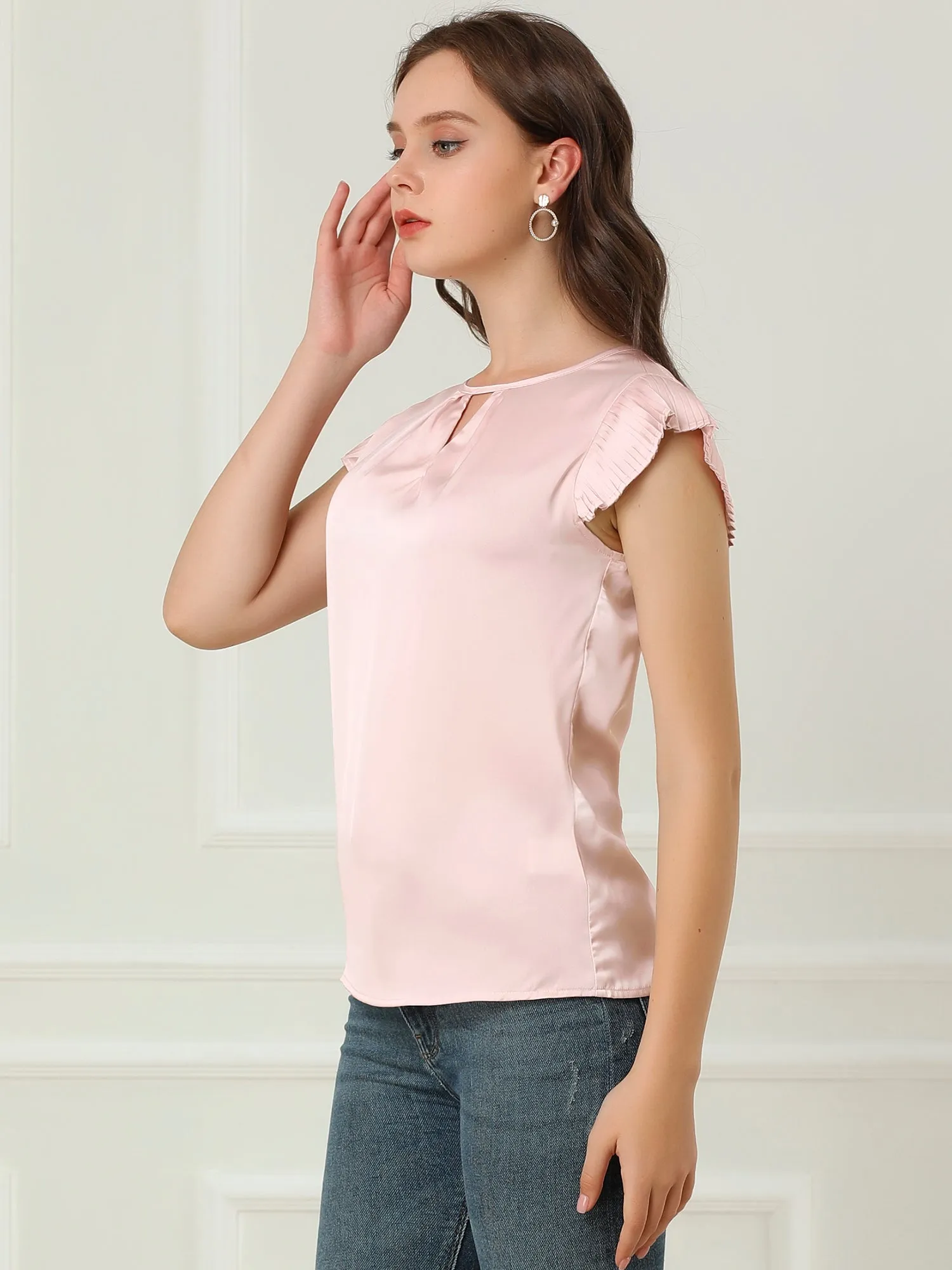 Satin Work Office Top Cut Out Keyhole Back Pleated Cap Sleeve Blouse sold by Allegra K product image thumbnail 5