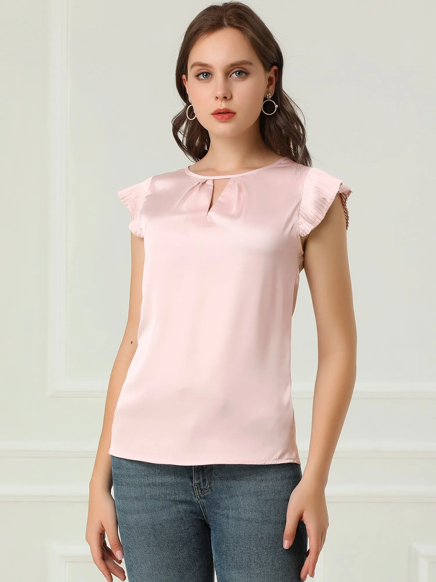 Satin Work Office Top Cut Out Keyhole Back Pleated Cap Sleeve Blouse sold by Allegra K product image thumbnail 4