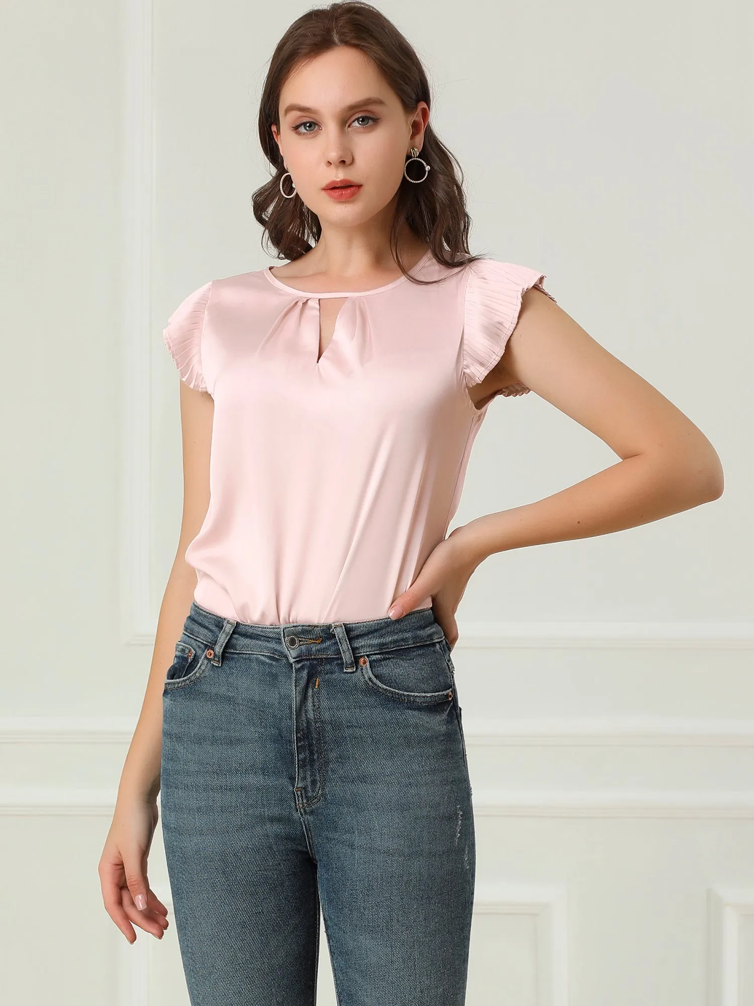 Satin Work Office Top Cut Out Keyhole Back Pleated Cap Sleeve Blouse sold by Allegra K product image thumbnail 3