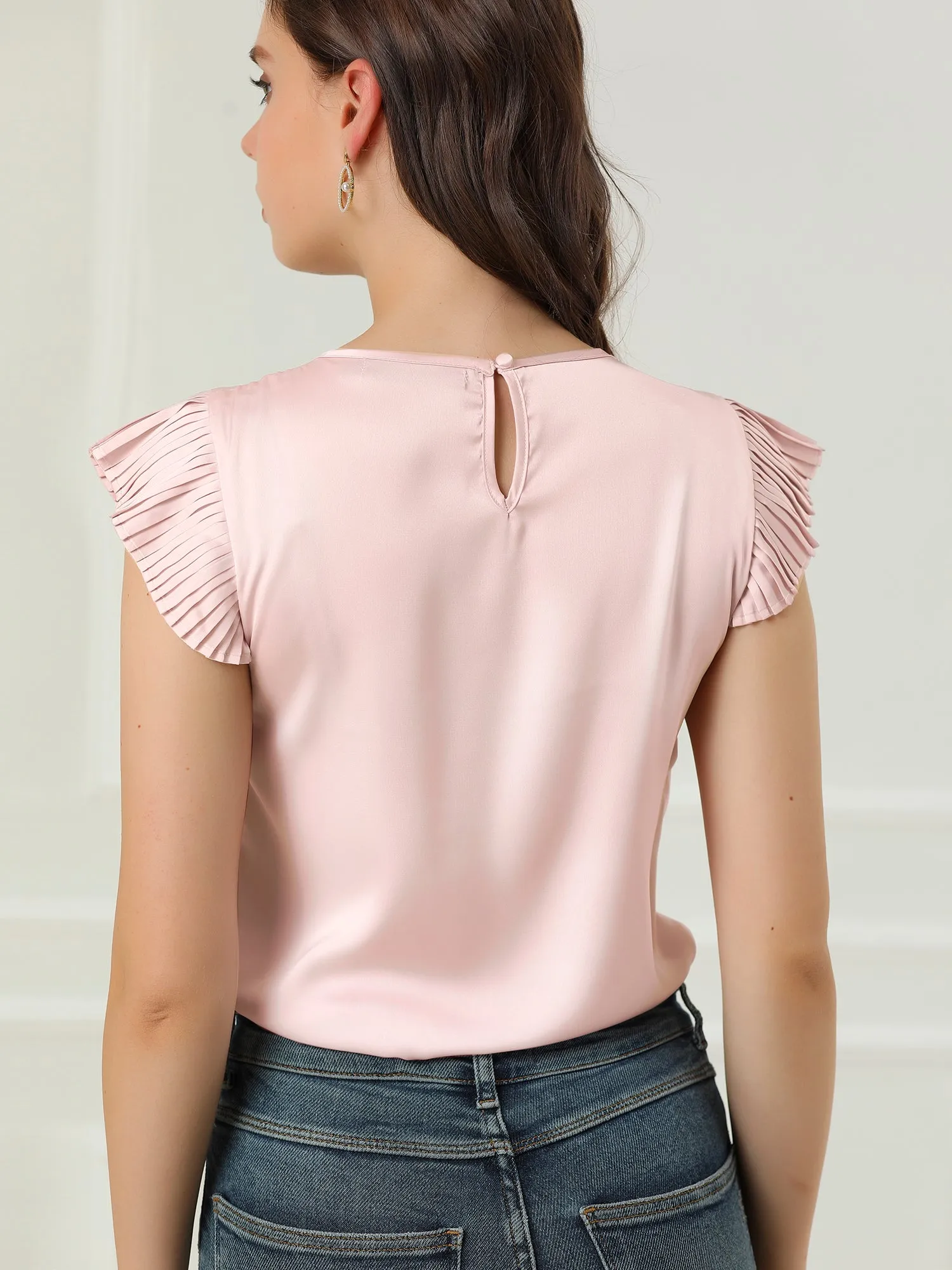Satin Work Office Top Cut Out Keyhole Back Pleated Cap Sleeve Blouse sold by Allegra K product image thumbnail 2
