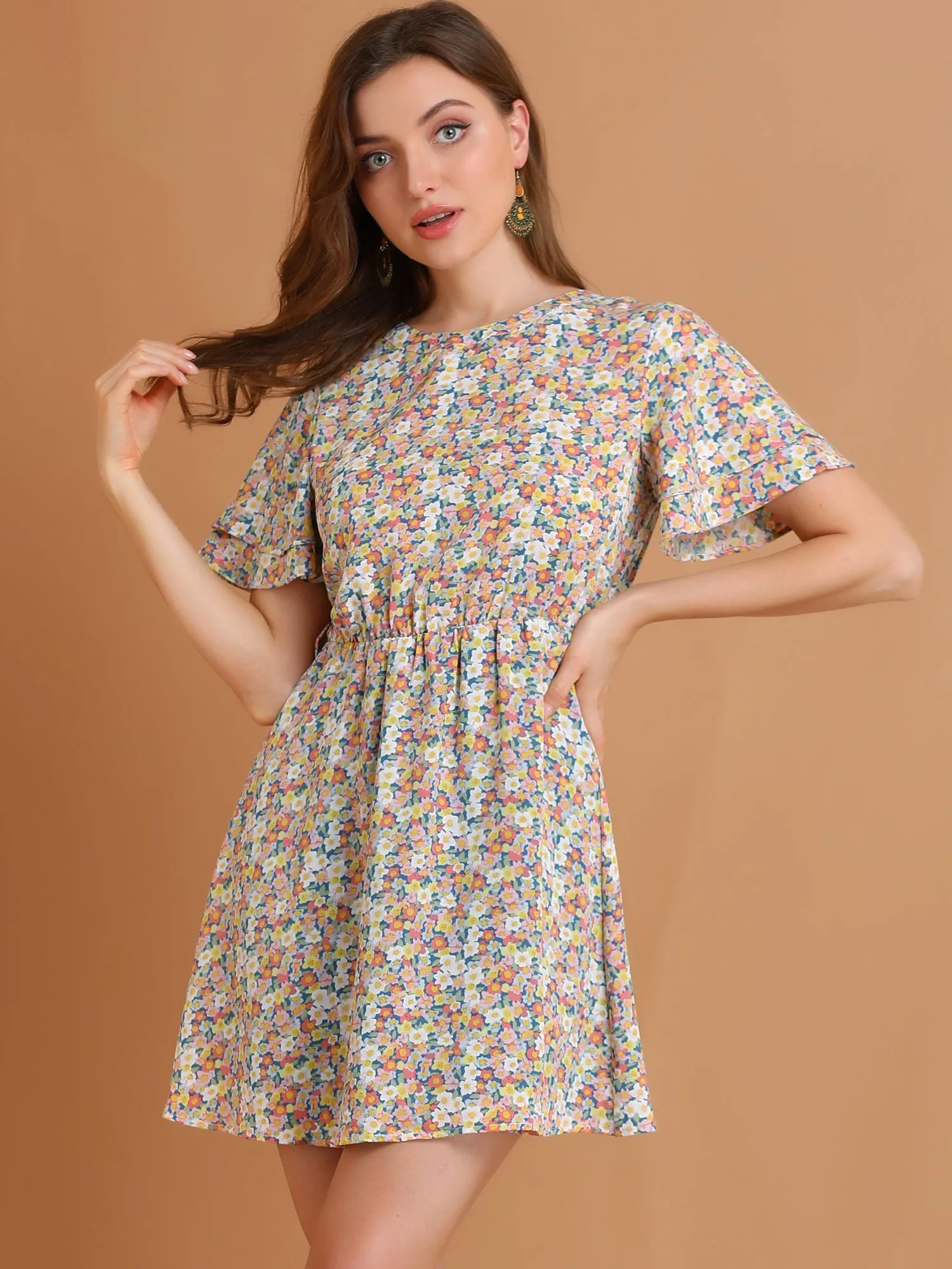 Allegra K Short Sleeve Elastic Waist Belted Floral Dress sold by Allegra K product image thumbnail 4