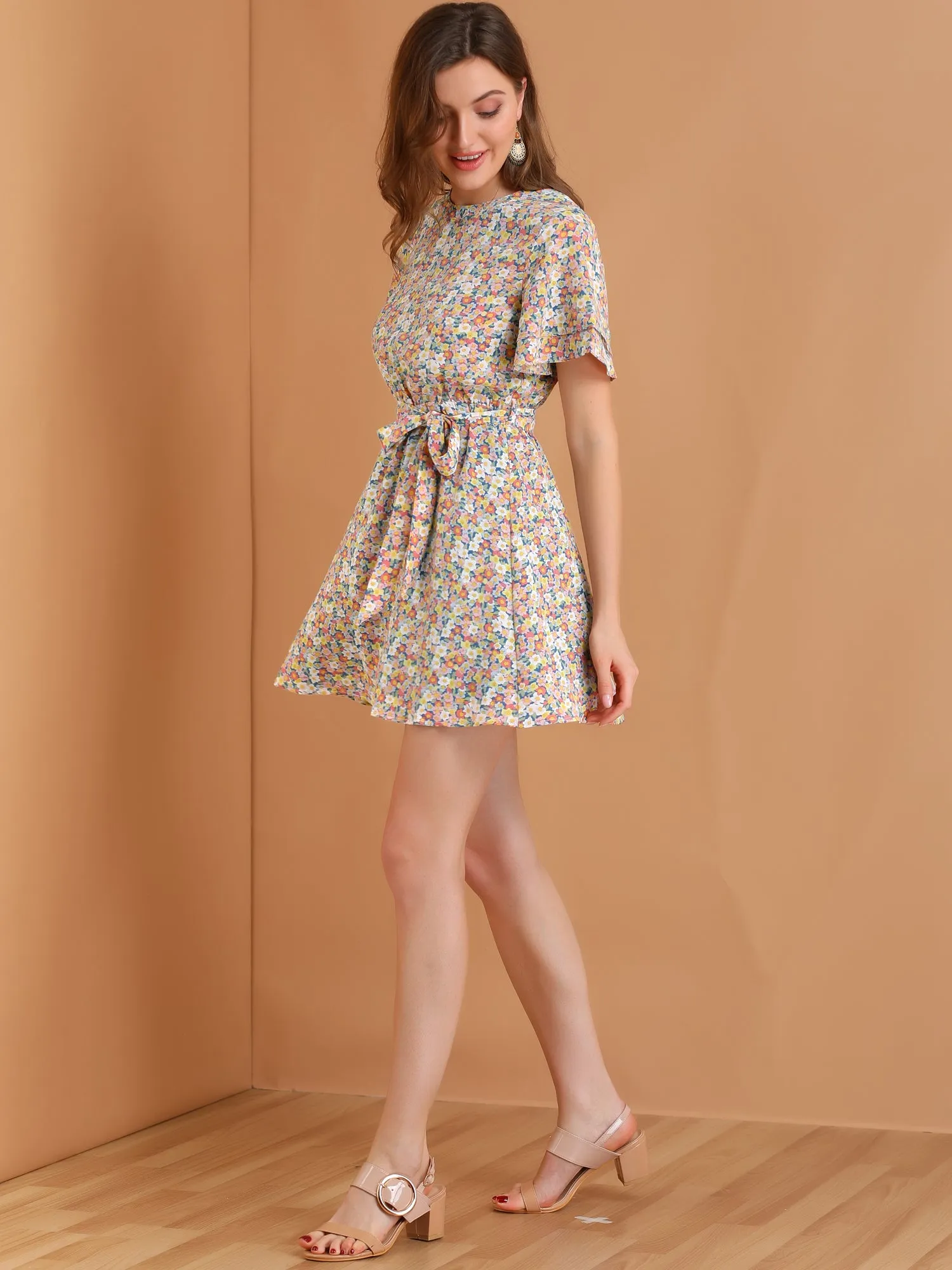 Allegra K Short Sleeve Elastic Waist Belted Floral Dress sold by Allegra K product image thumbnail 2