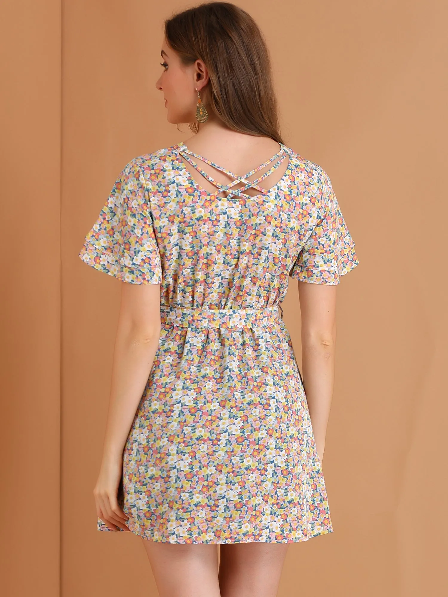 Allegra K Short Sleeve Elastic Waist Belted Floral Dress sold by Allegra K product image thumbnail 3