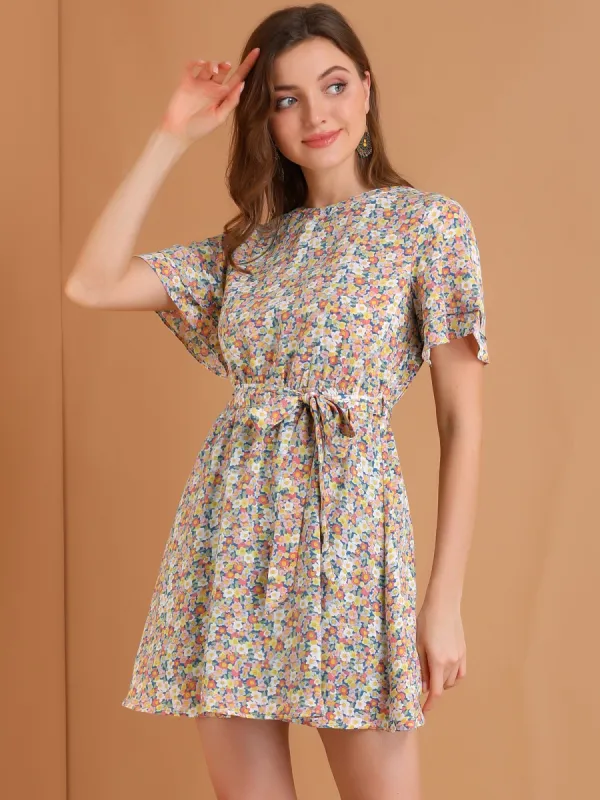 Allegra K Short Sleeve Elastic Waist Belted Floral Dress sold by Allegra K