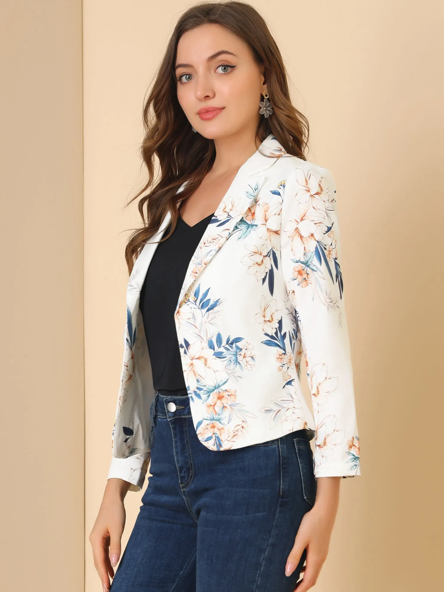 Open Front Floral Work Business Crop Blazer Jacket sold by Allegra K product image thumbnail 2