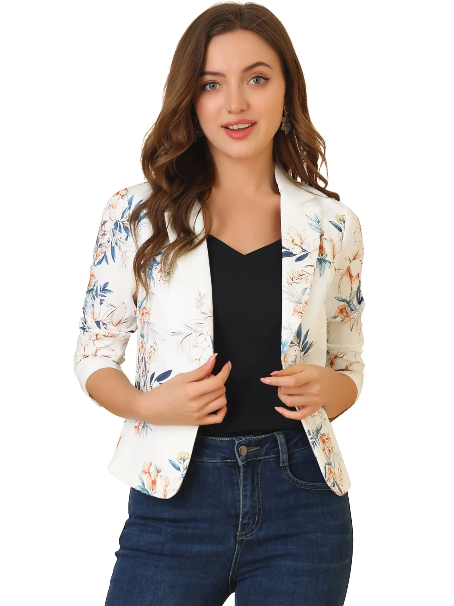 Open Front Floral Work Business Crop Blazer Jacket sold by Allegra K product image thumbnail 5