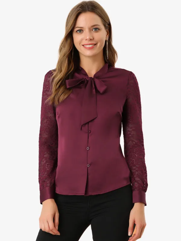 Elegant Tie Neck Office Long Sleeve Lace Satin Blouse Shirt sold by Allegra K