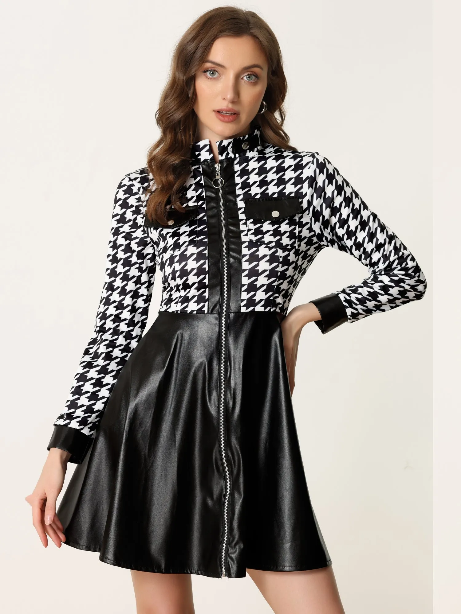 PU Faux Leather Houndstooth Patchwork Zipper A-Line Dress sold by Allegra K product image thumbnail 2