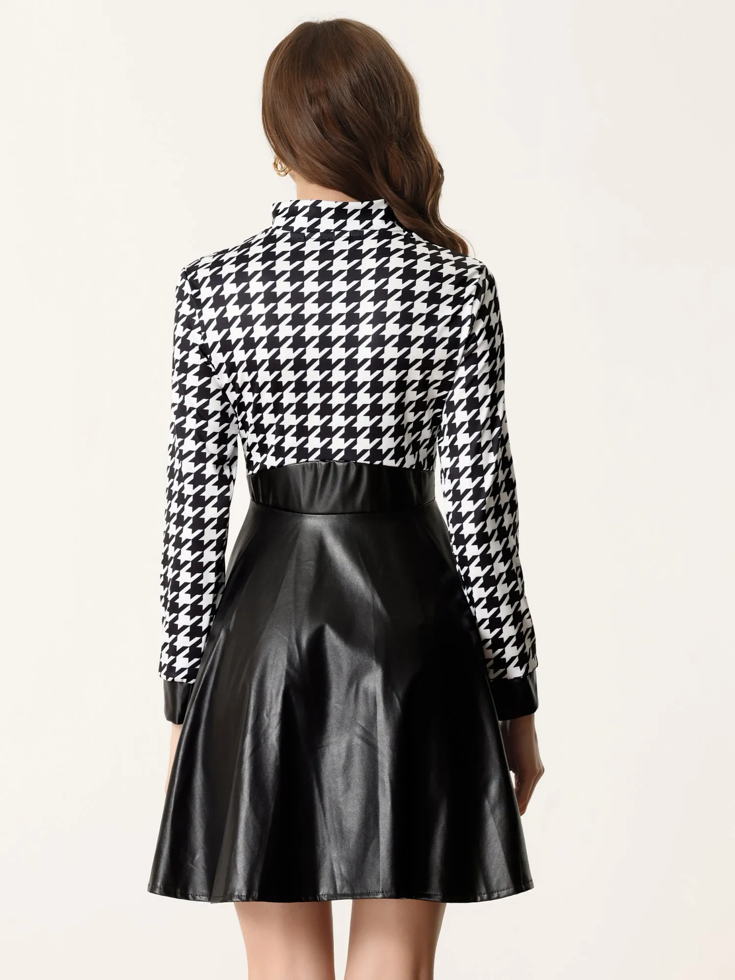 PU Faux Leather Houndstooth Patchwork Zipper A-Line Dress sold by Allegra K product image thumbnail 3