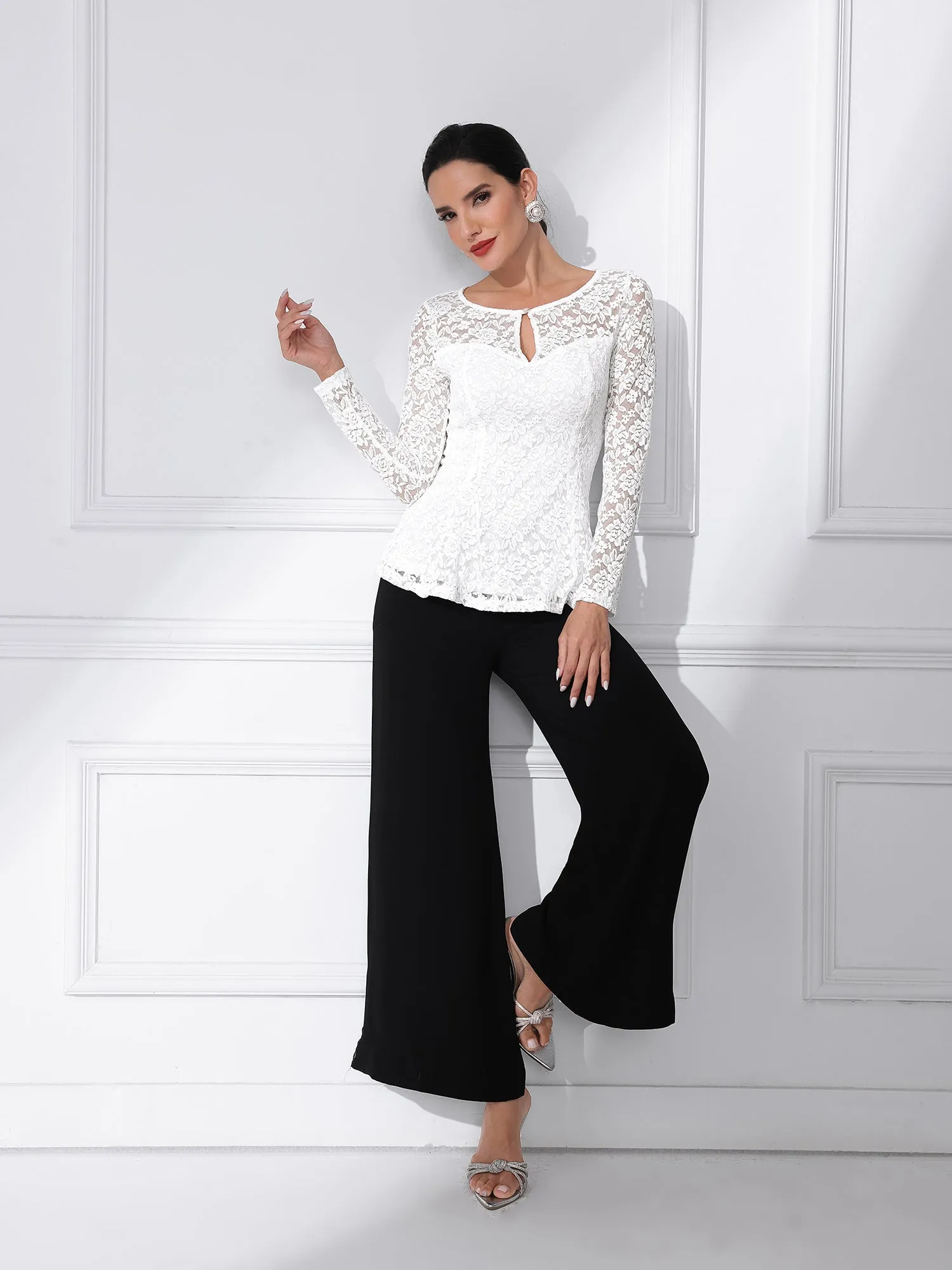 Lace Tops Keyhole Front Peplum Hem Sheer Long Sleeve Blouse sold by Allegra K product image thumbnail 2