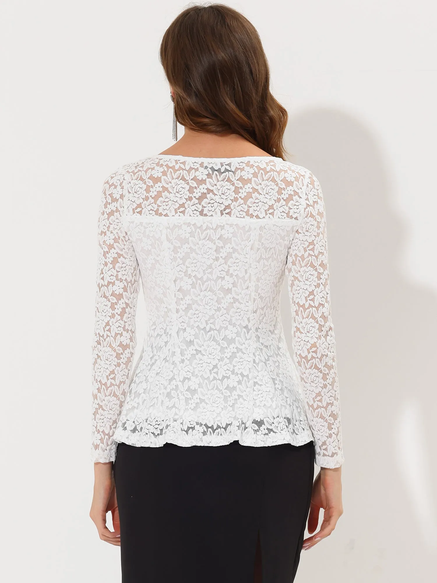 Lace Tops Keyhole Front Peplum Hem Sheer Long Sleeve Blouse sold by Allegra K product image thumbnail 4
