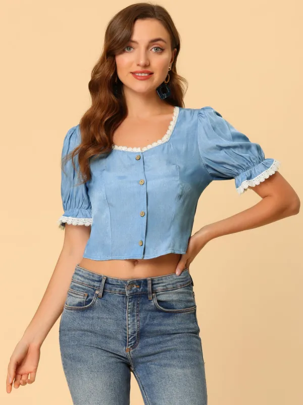 Puff Sleeve Blouse Lace Square Neck Button Down Crop Tops sold by Allegra K