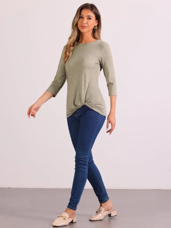 Round Neck Twist Knot 3/4 Sleeve Loose Tunic Blouse sold by Allegra K