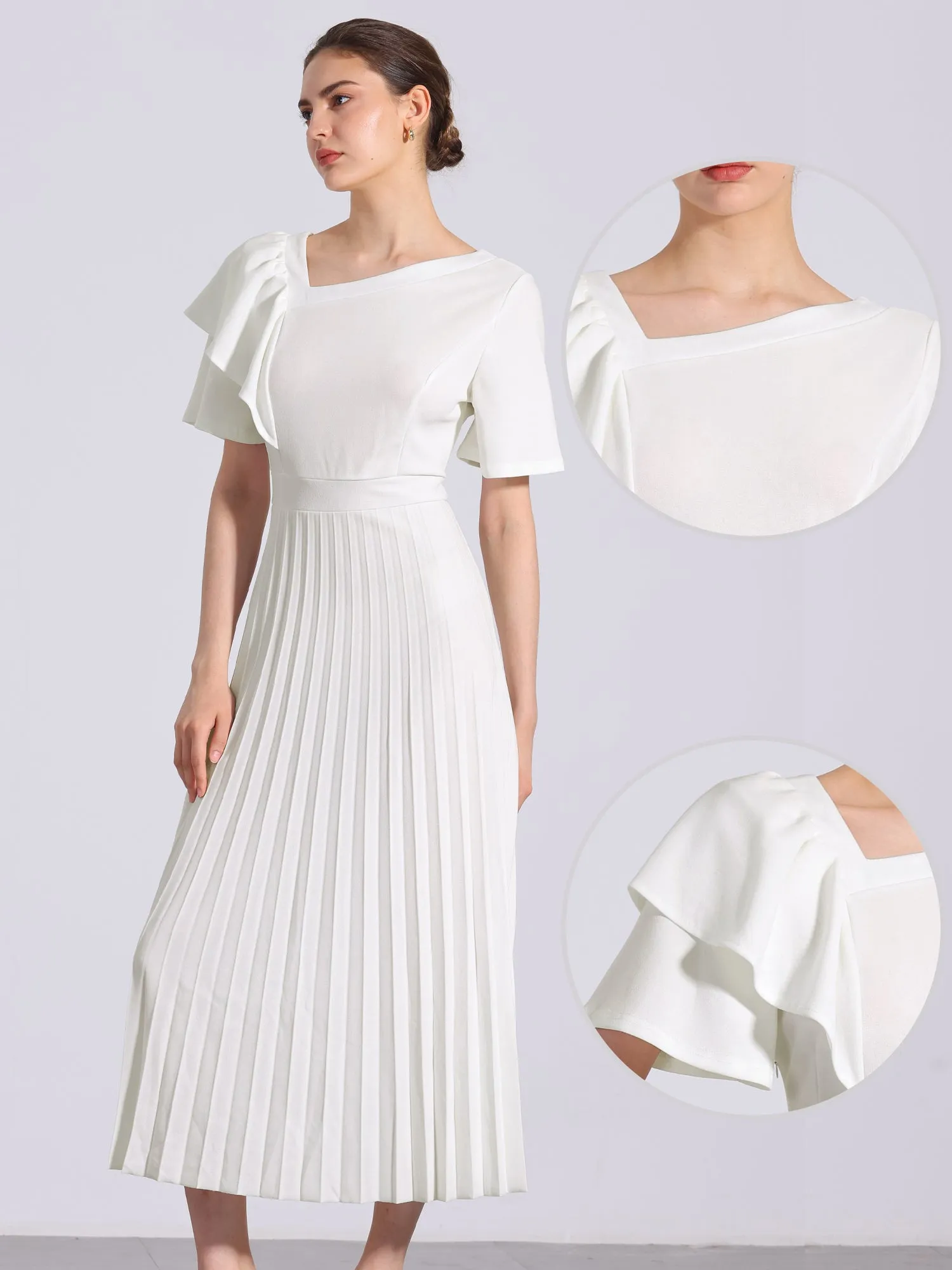 Ruffles Short Sleeve Asymmetrical Neck Pleated Midi Dress sold by Allegra K product image thumbnail 2