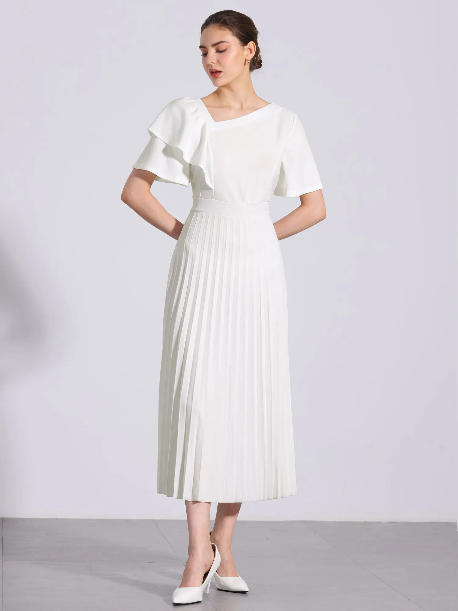 Ruffles Short Sleeve Asymmetrical Neck Pleated Midi Dress sold by Allegra K