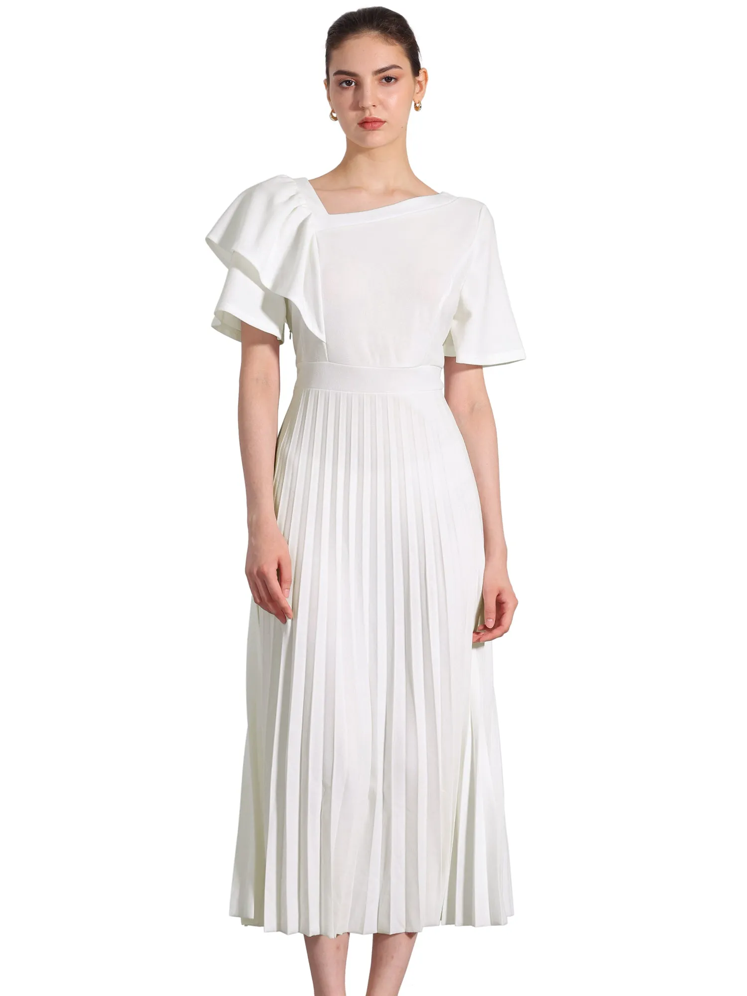 Ruffles Short Sleeve Asymmetrical Neck Pleated Midi Dress sold by Allegra K product image thumbnail 4