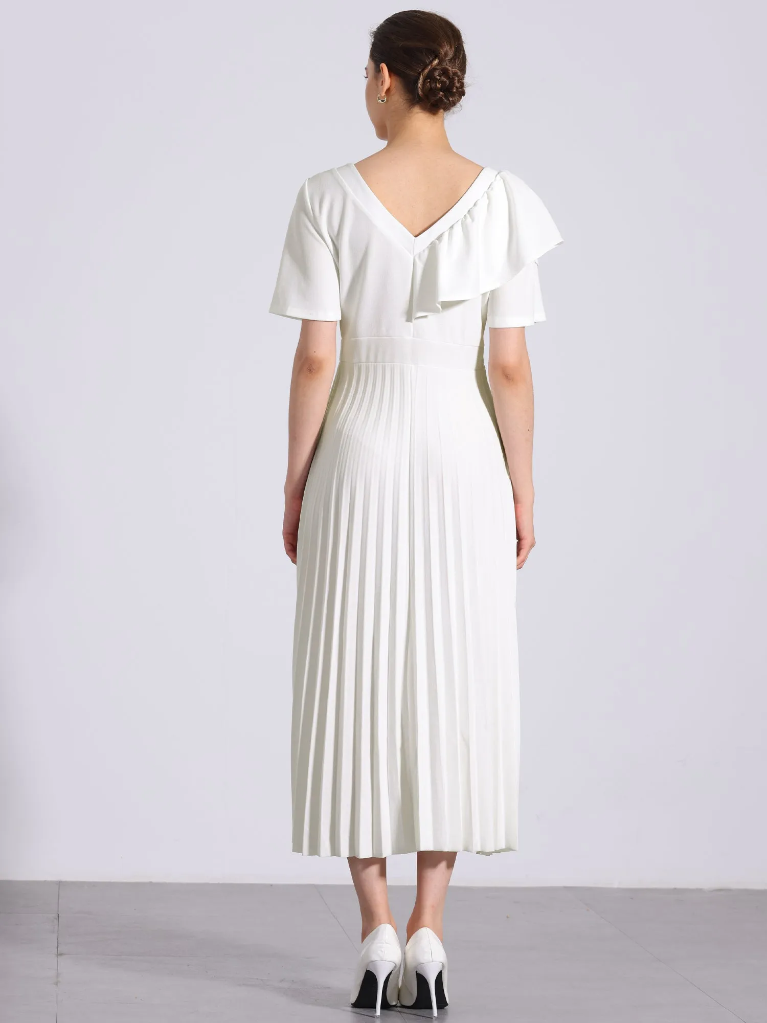 Ruffles Short Sleeve Asymmetrical Neck Pleated Midi Dress sold by Allegra K product image thumbnail 3