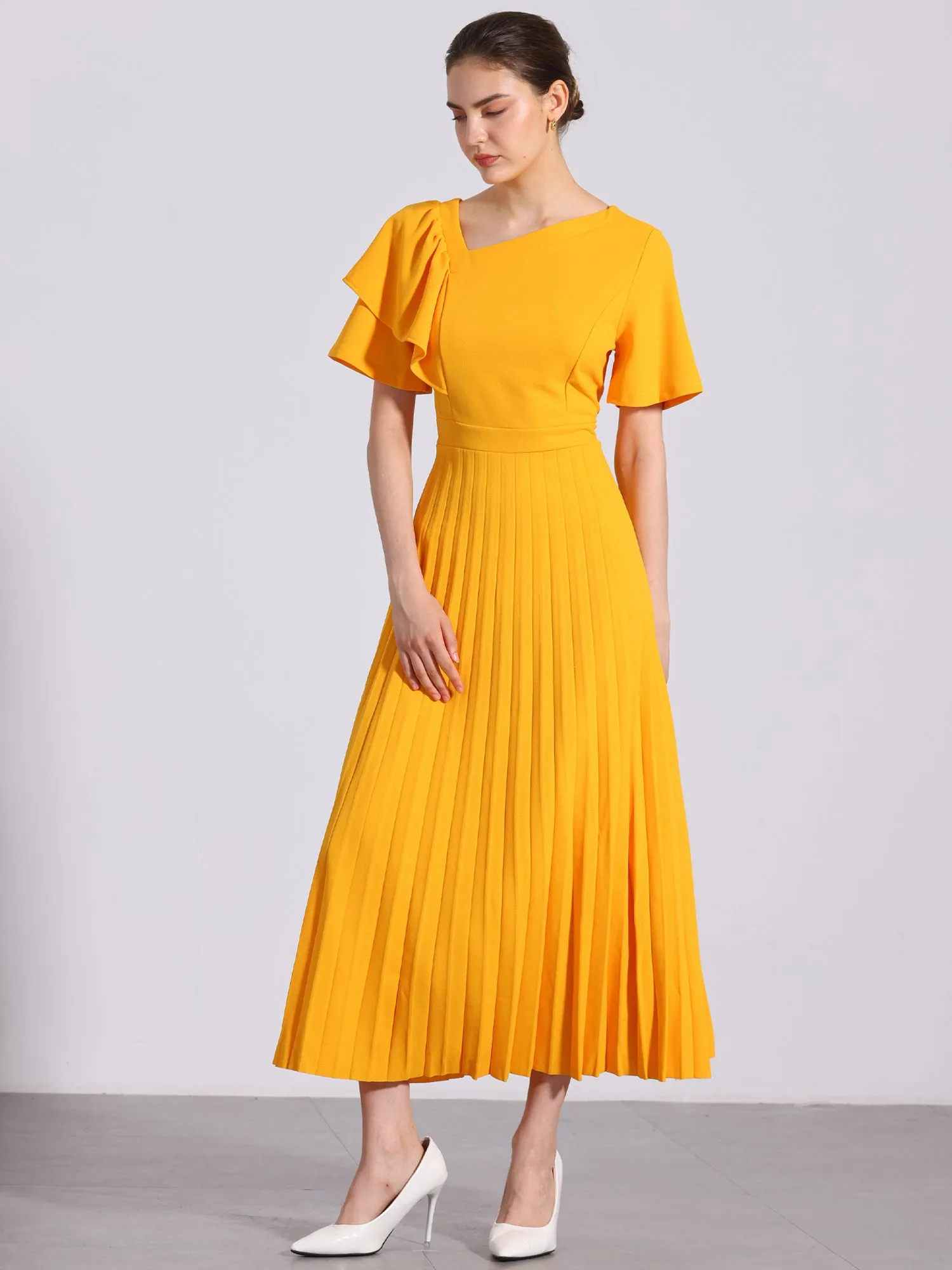 Ruffles Short Sleeve Asymmetrical Neck Pleated Midi Dress sold by Allegra K product image thumbnail 5