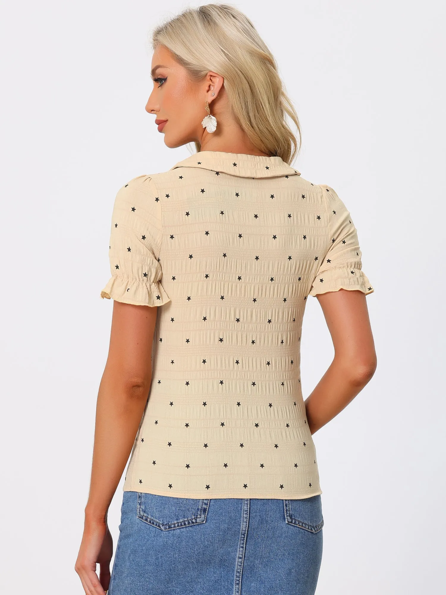 Casual Peter Pan Collar T Shirt Textured Stars Button Down Ruffle Top sold by Allegra K product image thumbnail 3